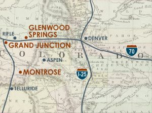 map of Western Colorado showing the cities of Glenwood Springs, Rifle, Grand Junction, Aspen, Montrose, and Telluride