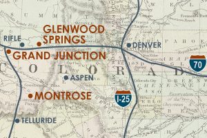 map of Western Colorado showing the cities of Glenwood Springs, Rifle, Grand Junction, Aspen, Montrose, and Telluride