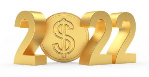 Year 2022 with numbers in gold and gold coin