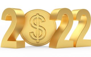 Year 2022 with numbers in gold and gold coin