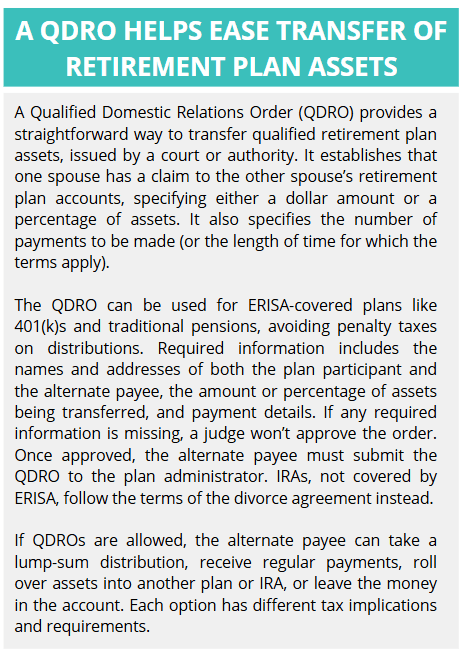 Six Tax Issues to Consider if You’re Getting a Divorce sidebar image about Qualified Domestic Relations Orders (QRDO) for divorces