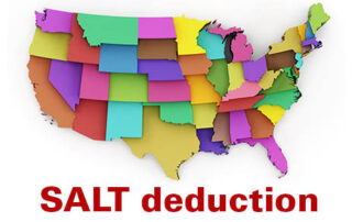 Multi colored USA map showing state borders. 3D illustration. Below the states in red writing it says "SALT deduction"