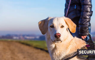 Guard dog with security written on his harness