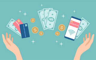 Hands raised up with credit cards, banknotes, coins and smartphone with contactless payment between them. Payment methods set. Flat vector illustration