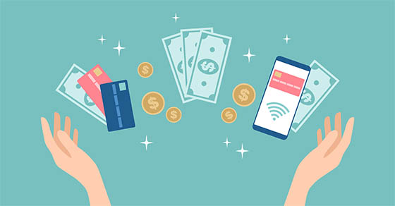 Hands raised up with credit cards, banknotes, coins and smartphone with contactless payment between them. Payment methods set. Flat vector illustration